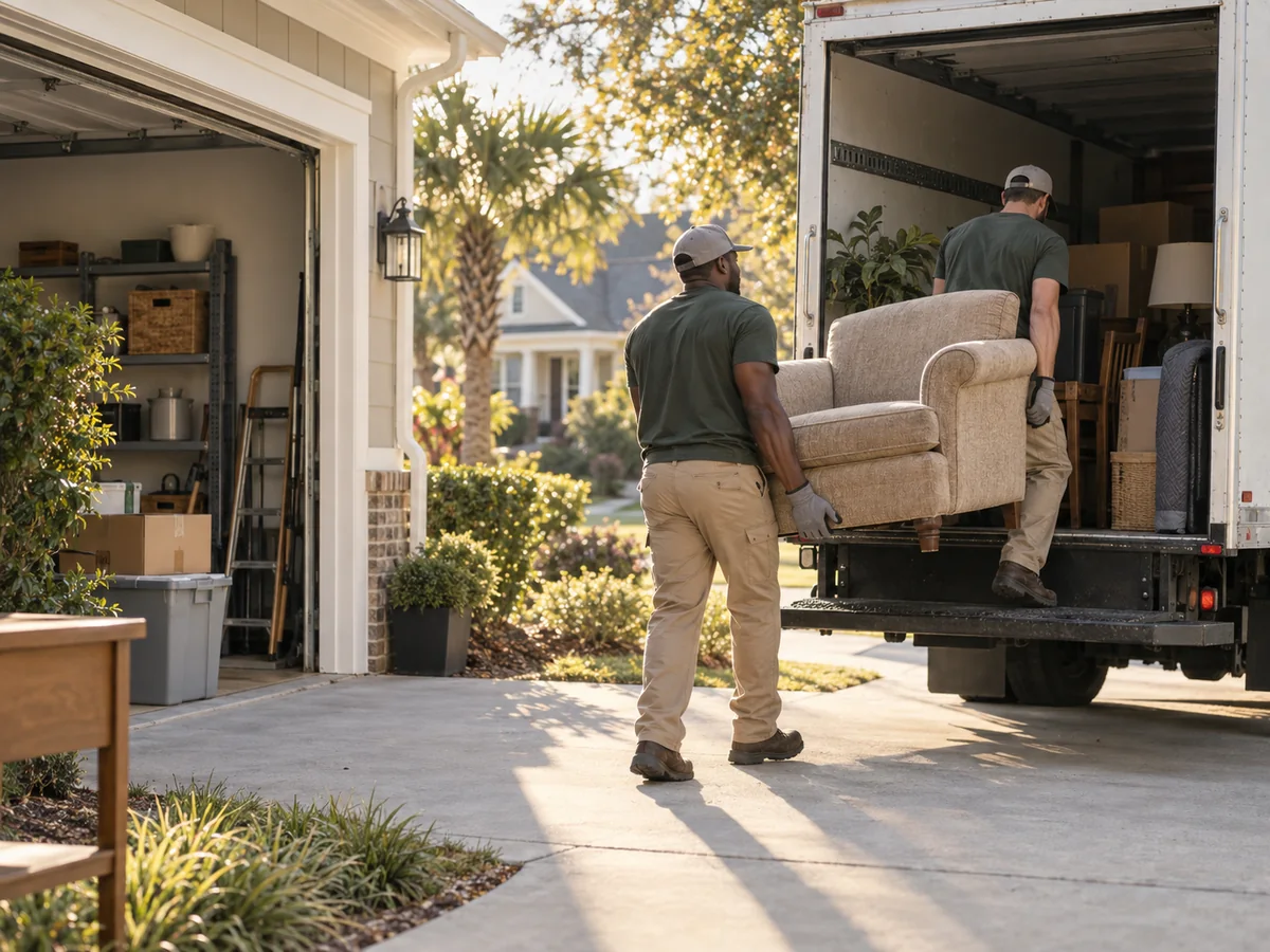 Two removal helpers carefully loading an armchair into an unbranded truck outside a home